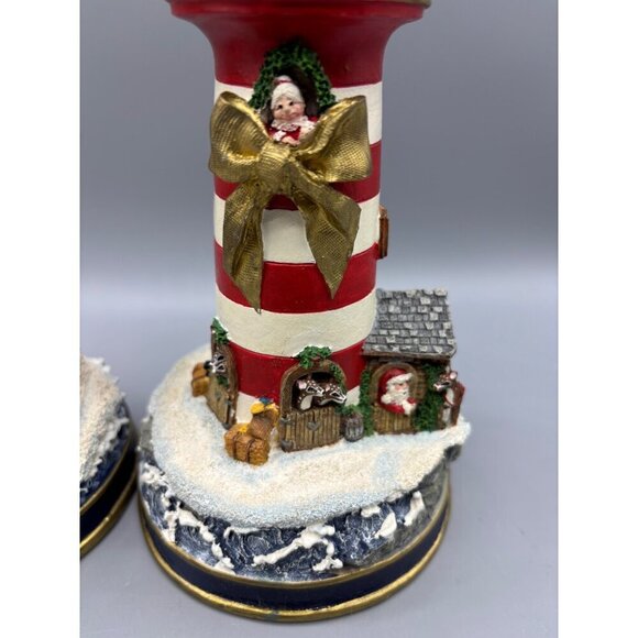 Vtg 90s Danbury Mint Set Of 2 Lighthouse Candle Stick Holders Christmas Design - Picture 3 of 8